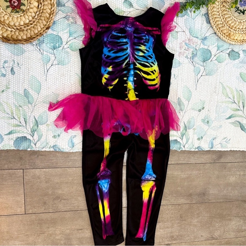 Vintage Halloween Costume Black Vibrant Colored Skeleton Jumpsuit Romper Girls